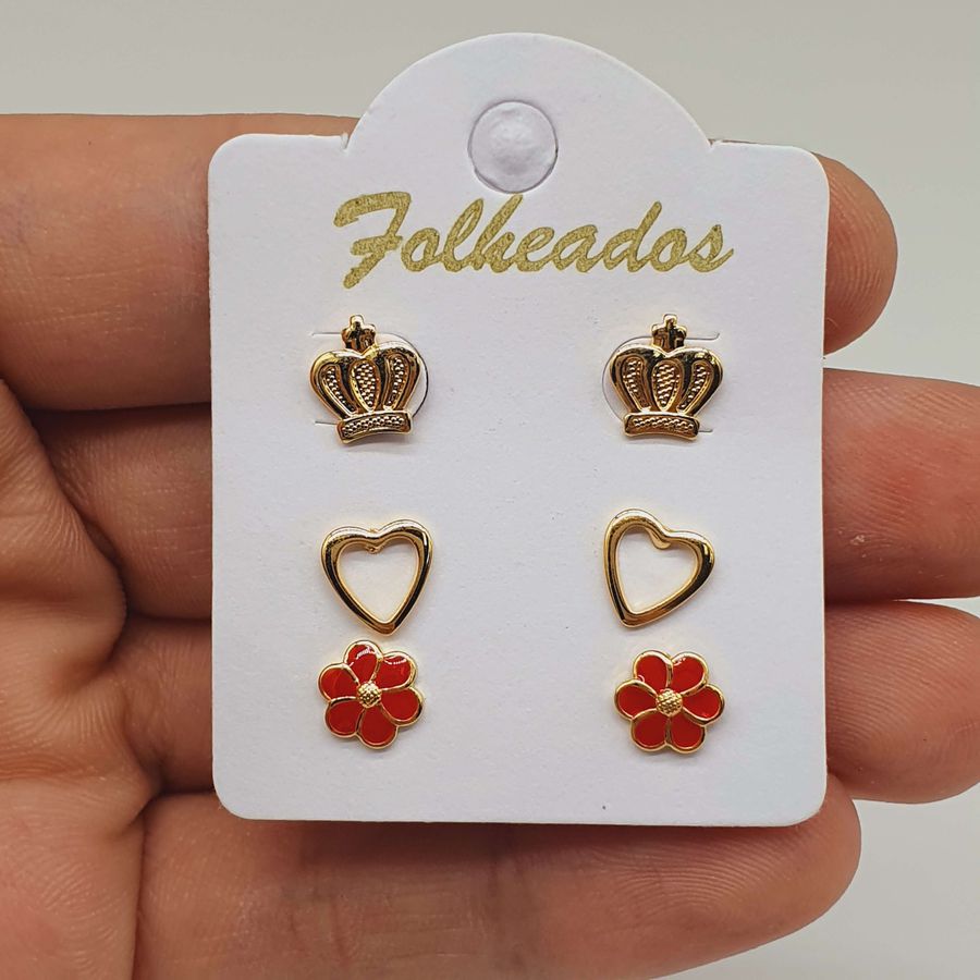 Kit De Brincos Folheados Dourado Flor Vermelha 
