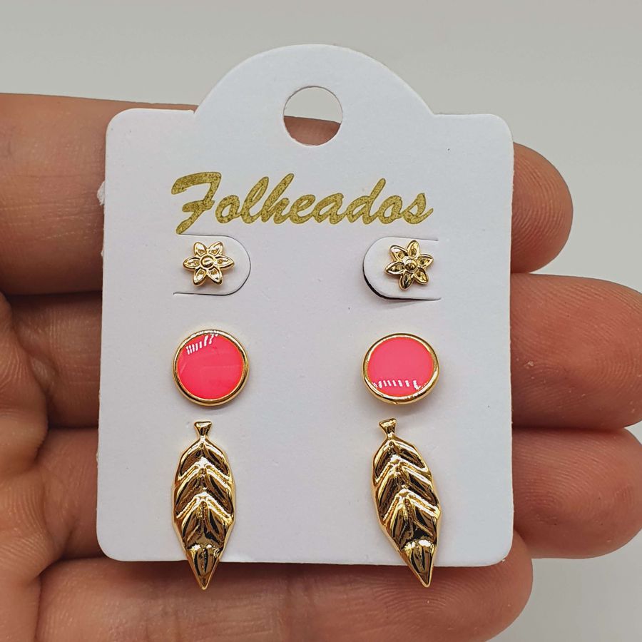 Kit De Brincos Folheados Dourado Disco Rosa