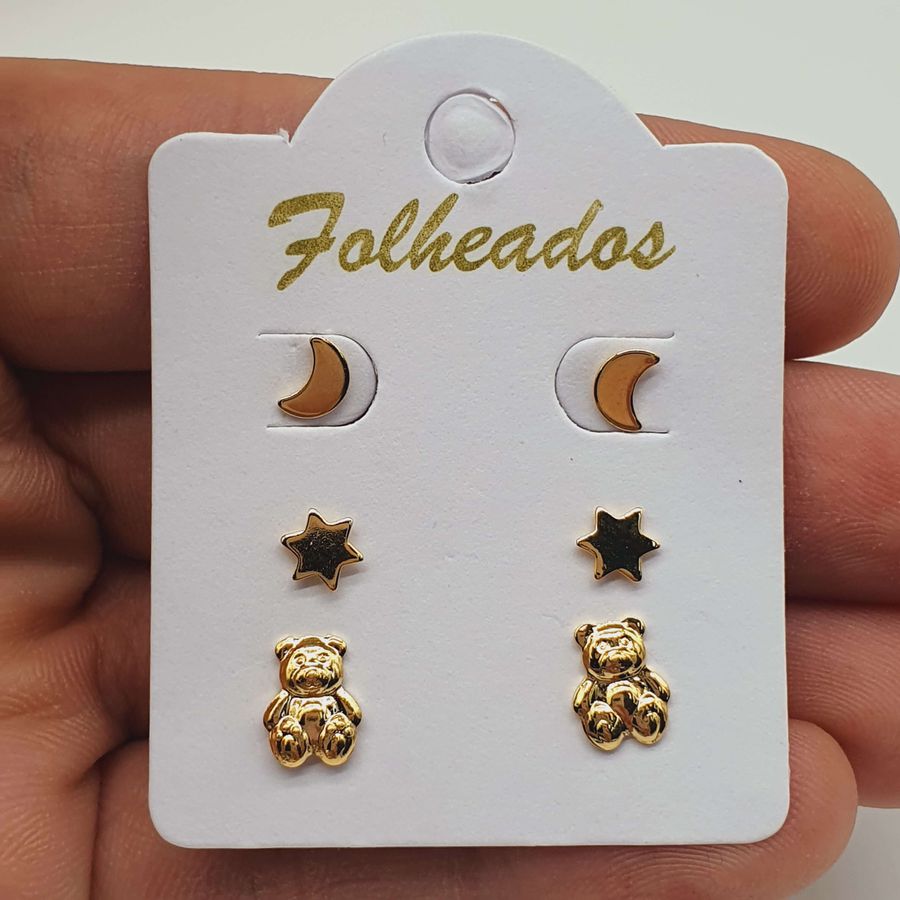 Kit De Brincos Folheados Dourado Ursinho 