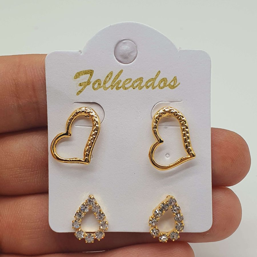 Kit De Brincos Folheados Dourado Coração 