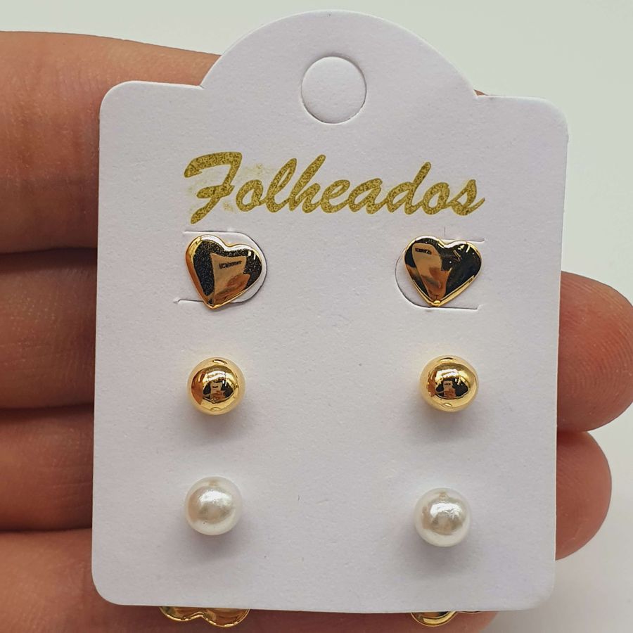 Kit De Brincos Folheados Dourado Coração 