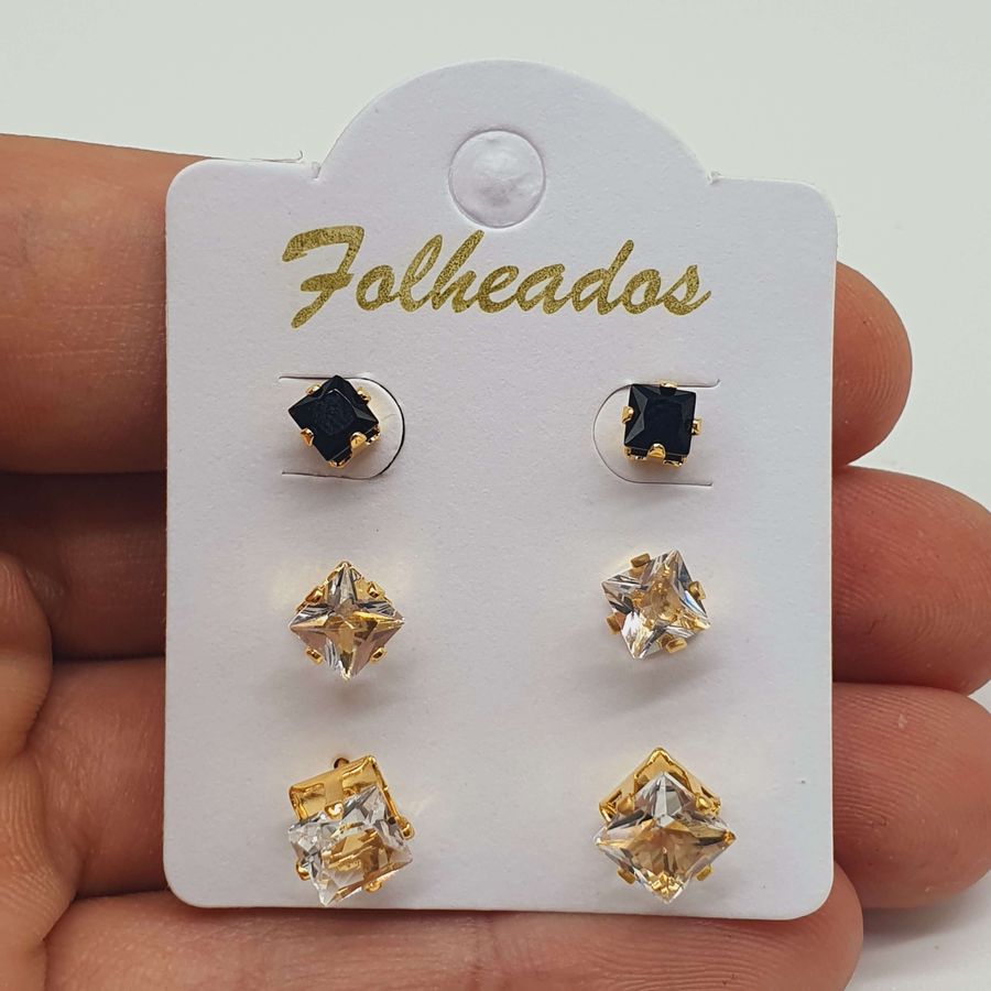 Kit De Brincos Folheados Dourado Quadrada 