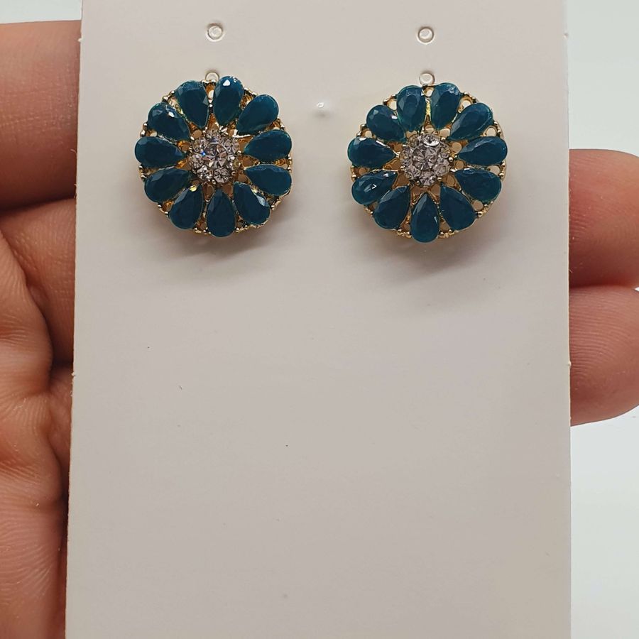 Brinco Dourado Flor Azul Claro 
