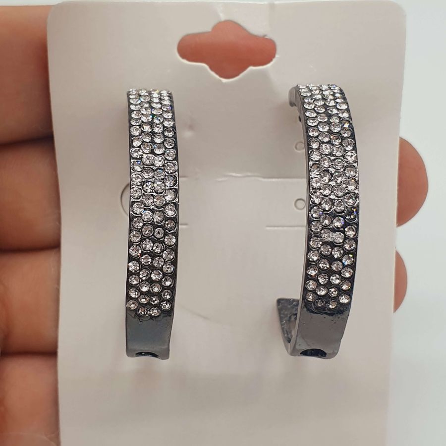 Argola Strass Grafite Branco 