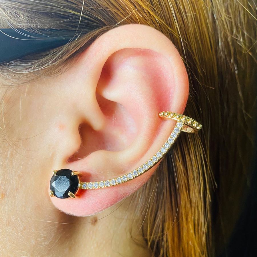 Brinco Ear Cuff Zircônia Dourado Preto 
