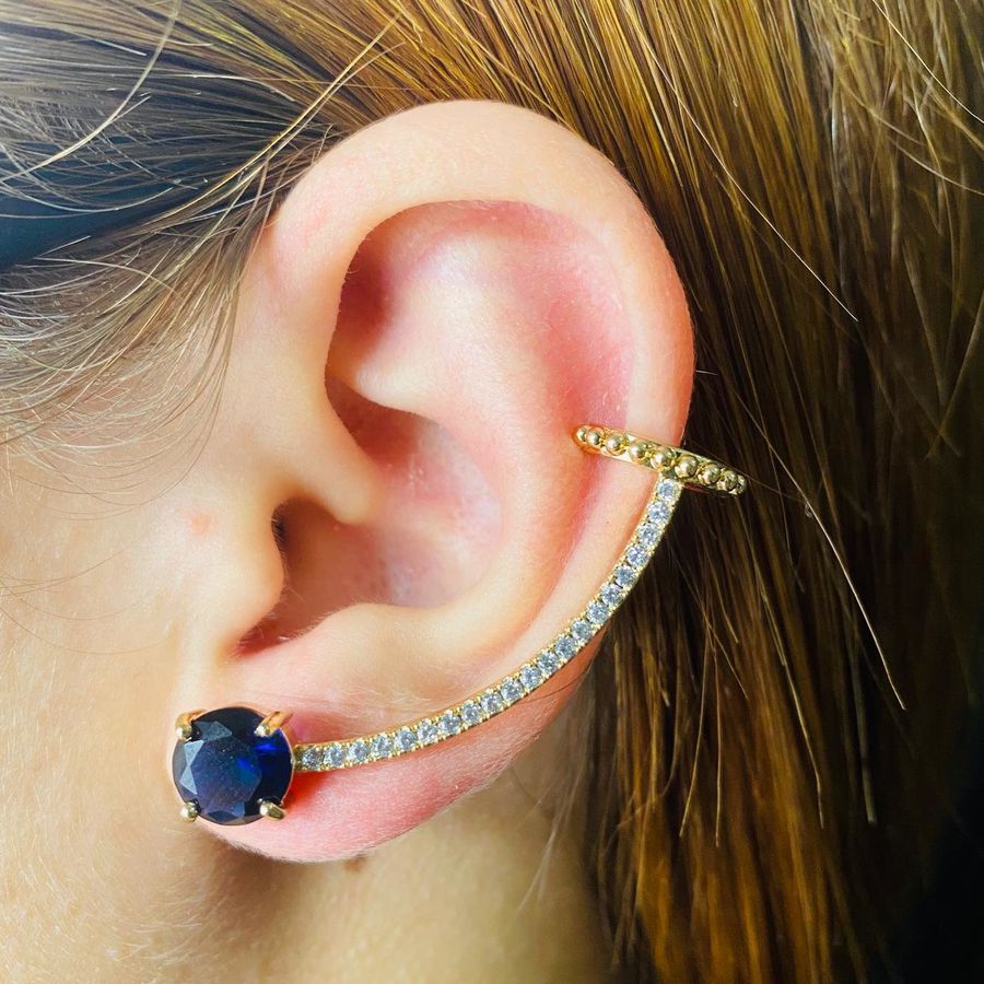 Brinco Ear Cuff Zircônia Dourado Azul Marinho 