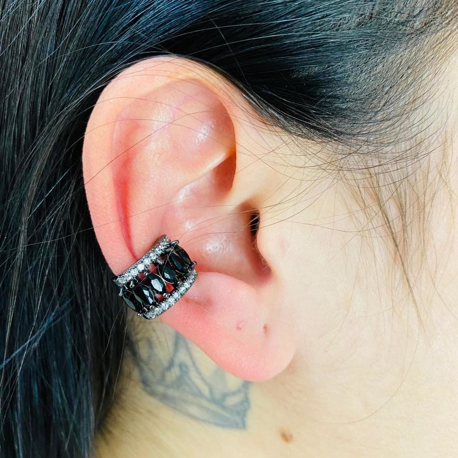 Par De Piercing Fake Zircônia Navete Prata Preto 