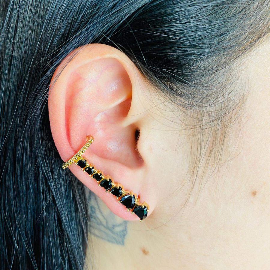 Brinco Ear Cuff Zircônia Coração Dourado Preto 