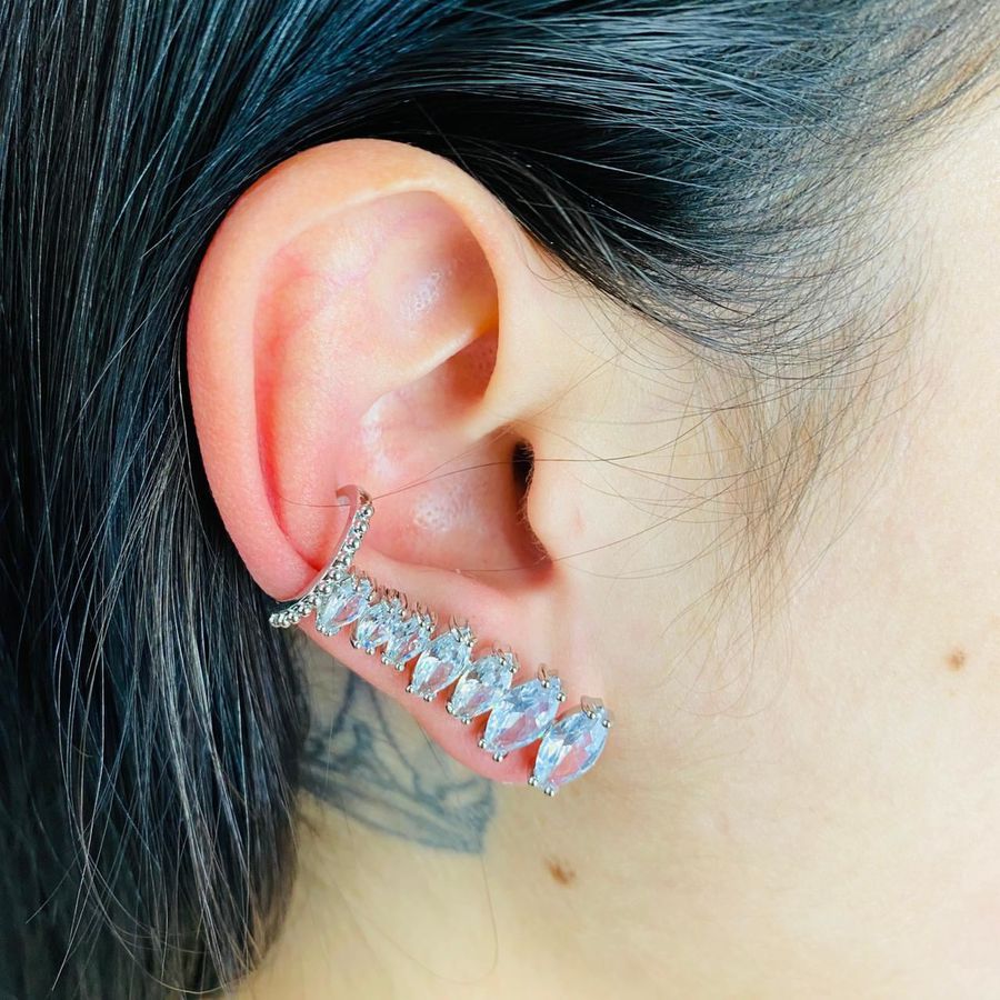 Brinco Ear Cuff Zircônia Navete Prata Branco 