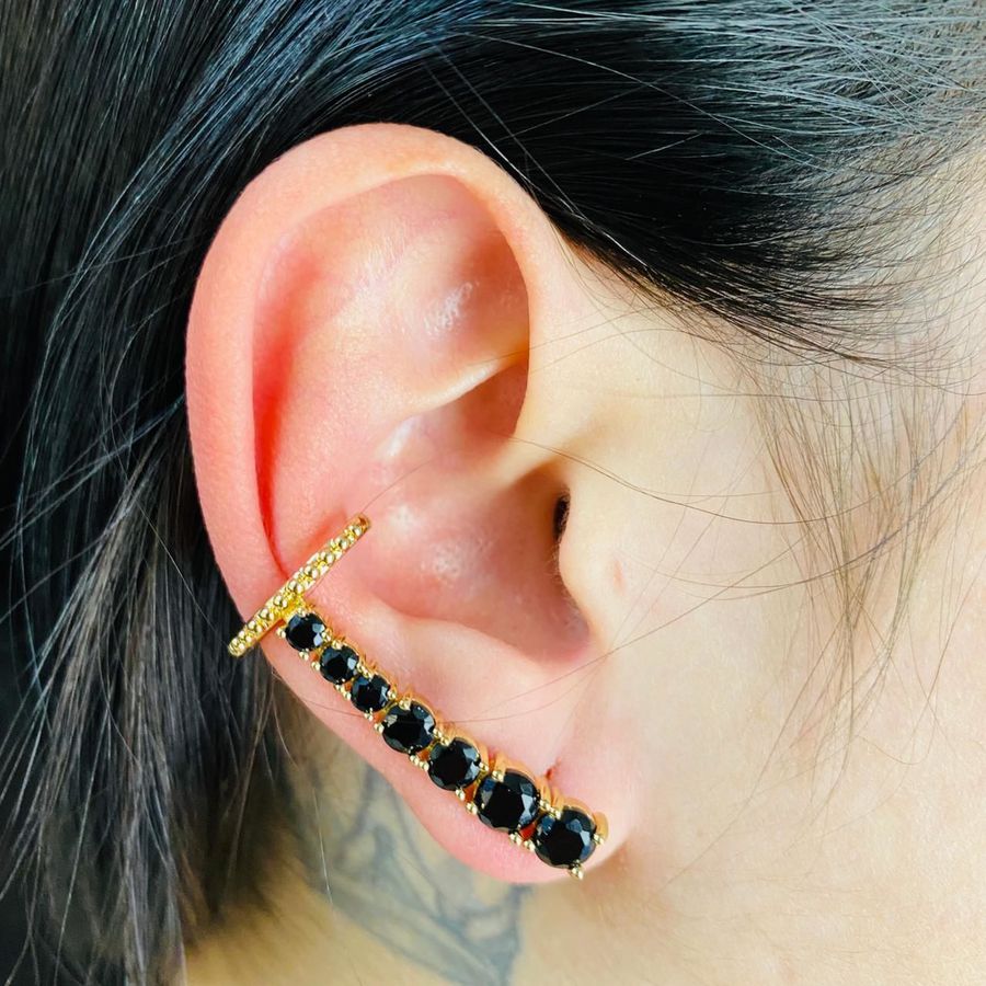 Brinco Ear Cuff Zircônia Dourado Preto 