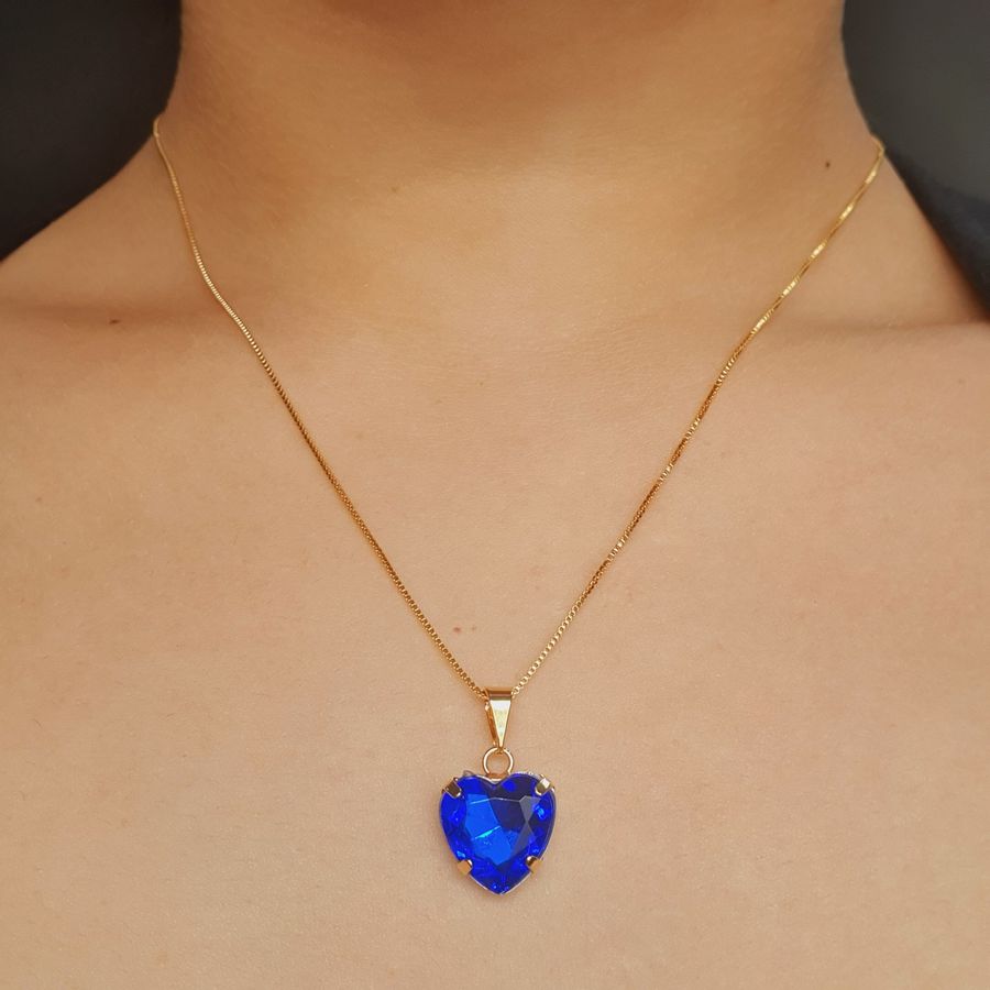 Colar Dourado Coração Azul 