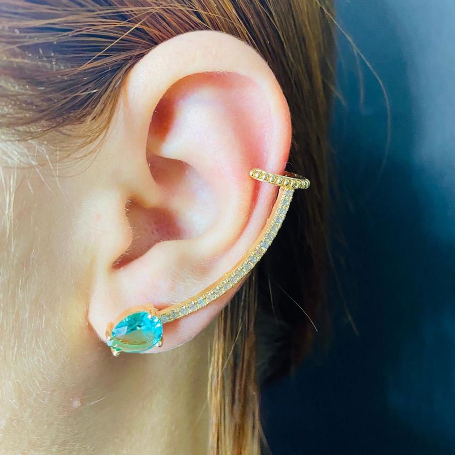 Brinco Ear Cuff Zircônia Gota Dourado Acqua 