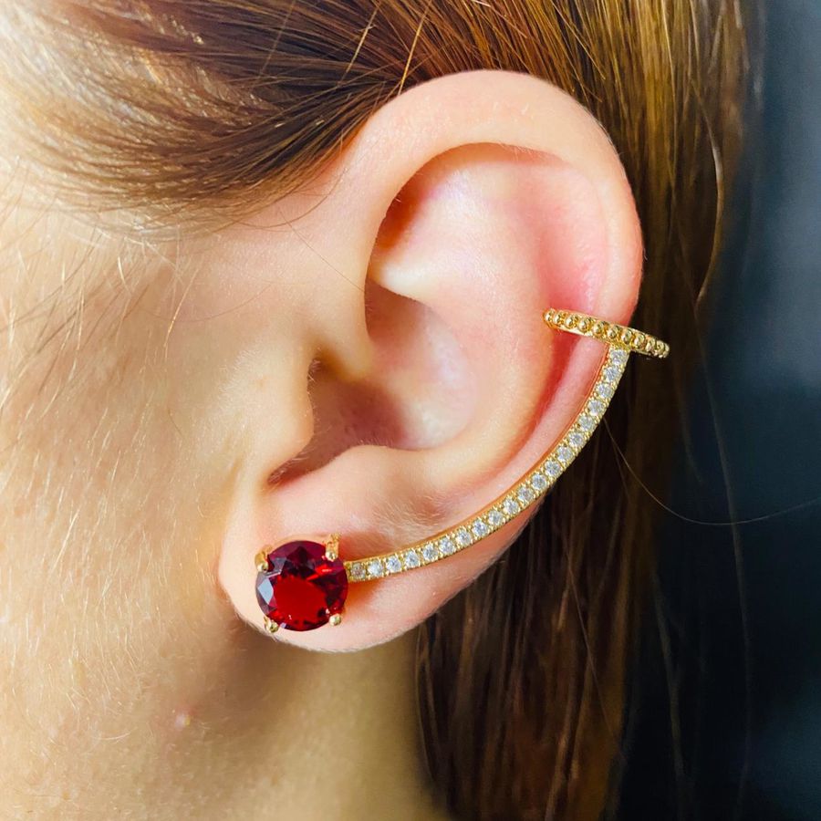 Brinco Ear Cuff Zircônia Dourado Vermelho 
