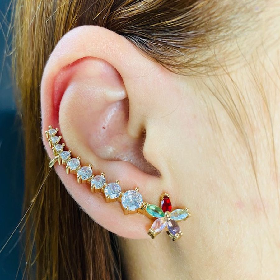Brinco Ear Cuff Zircônia Flor Dourado Colorido 