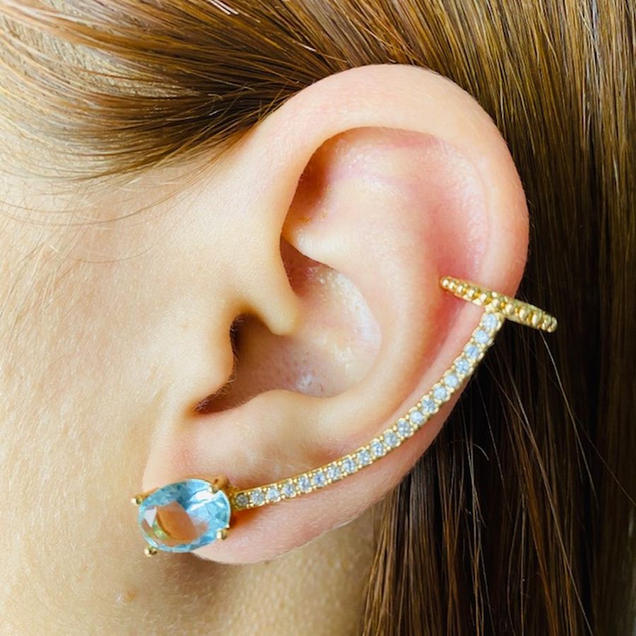 Brinco Ear Cuff Zircônia Oval Dourado Branco 