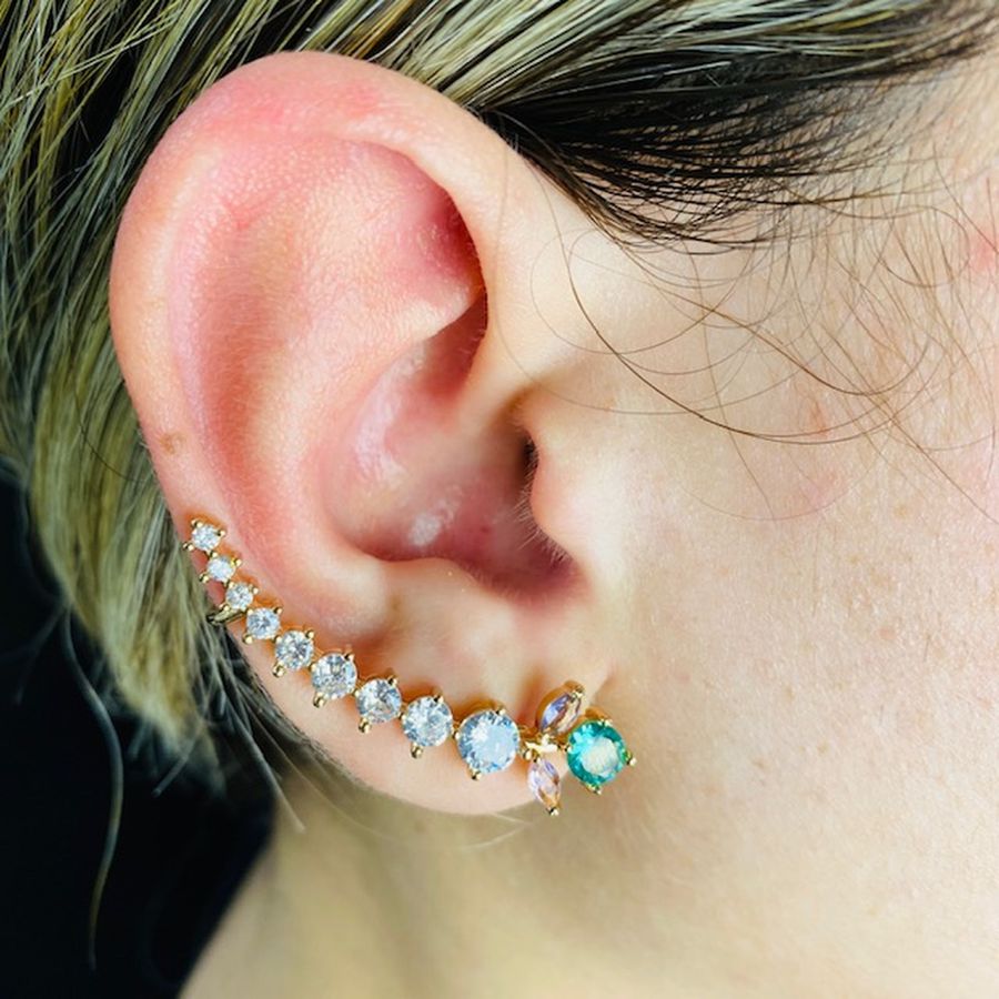 Brinco Ear Cuff Zircônia Ramos Dourado Colorido 