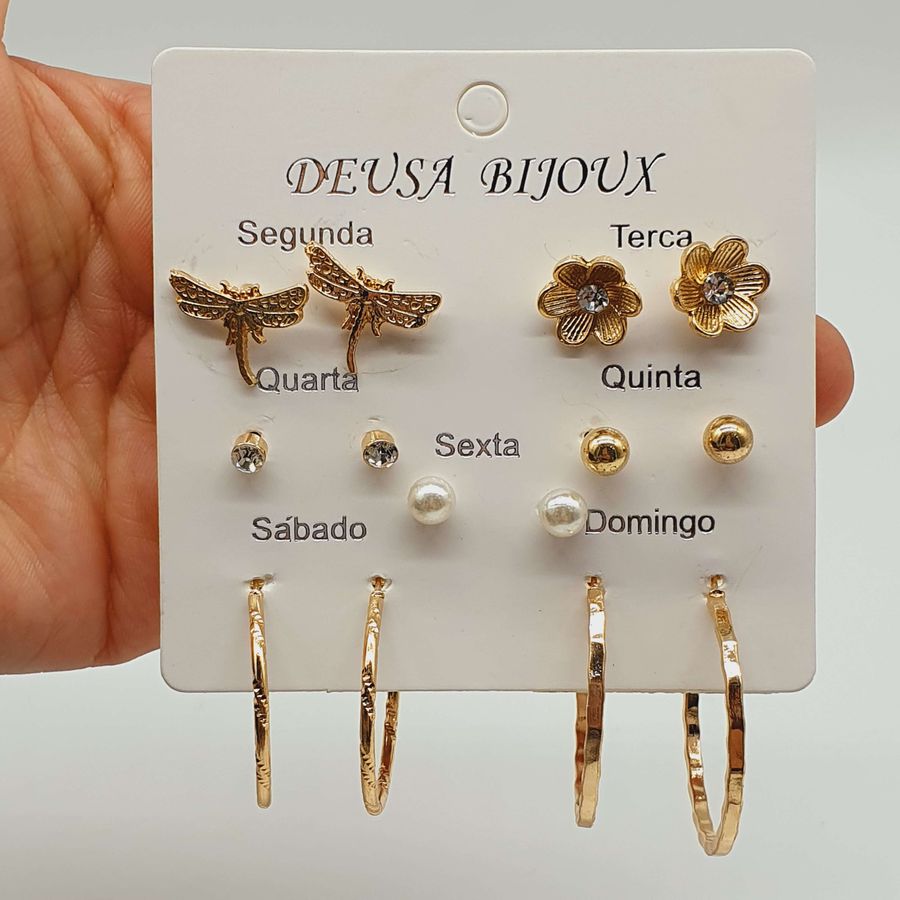Kit De Brincos Dias Da Semana Dourado Flor 
