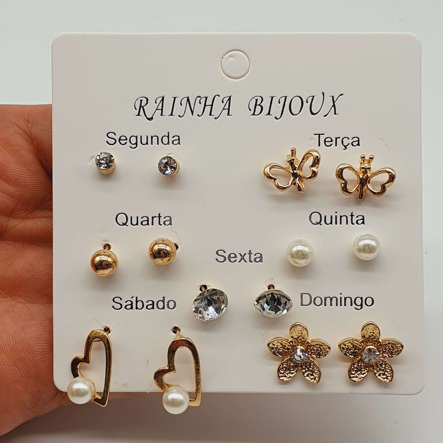 Kit De Brincos Dias Da Semana Dourado Flor 
