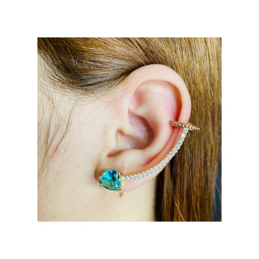 Brinco Ear Cuff Zircônia Coração Dourado Acqua 