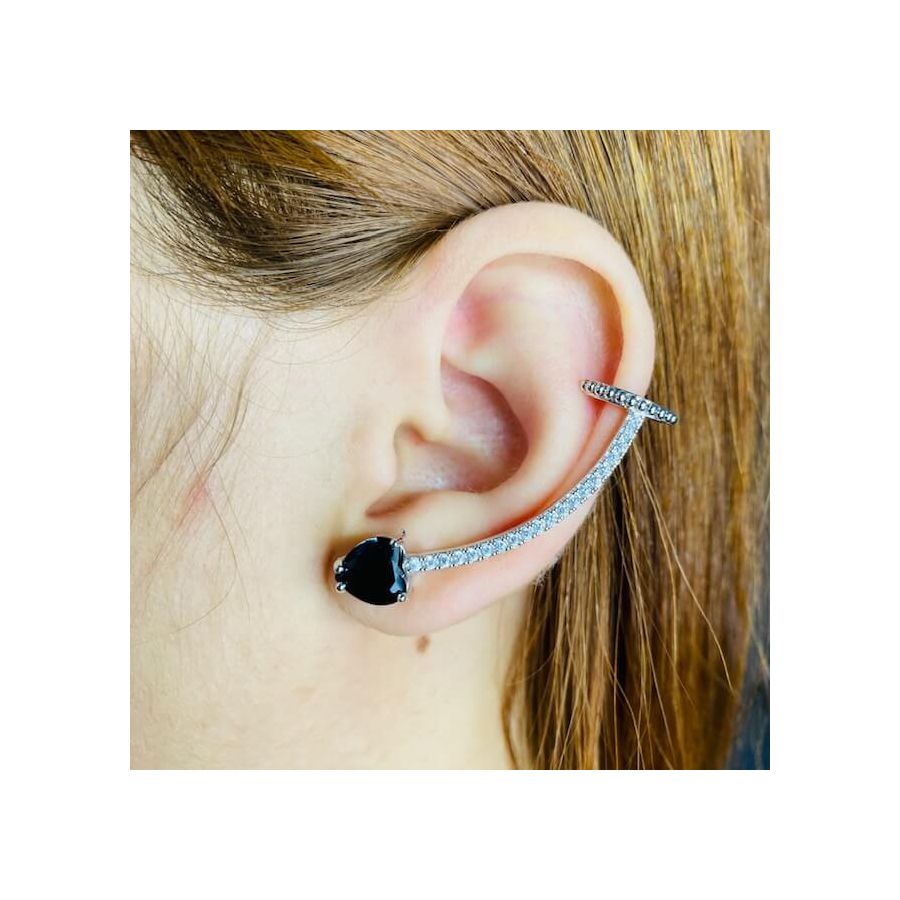 Brinco Ear Cuff Zircônia Coração Prata Preto 