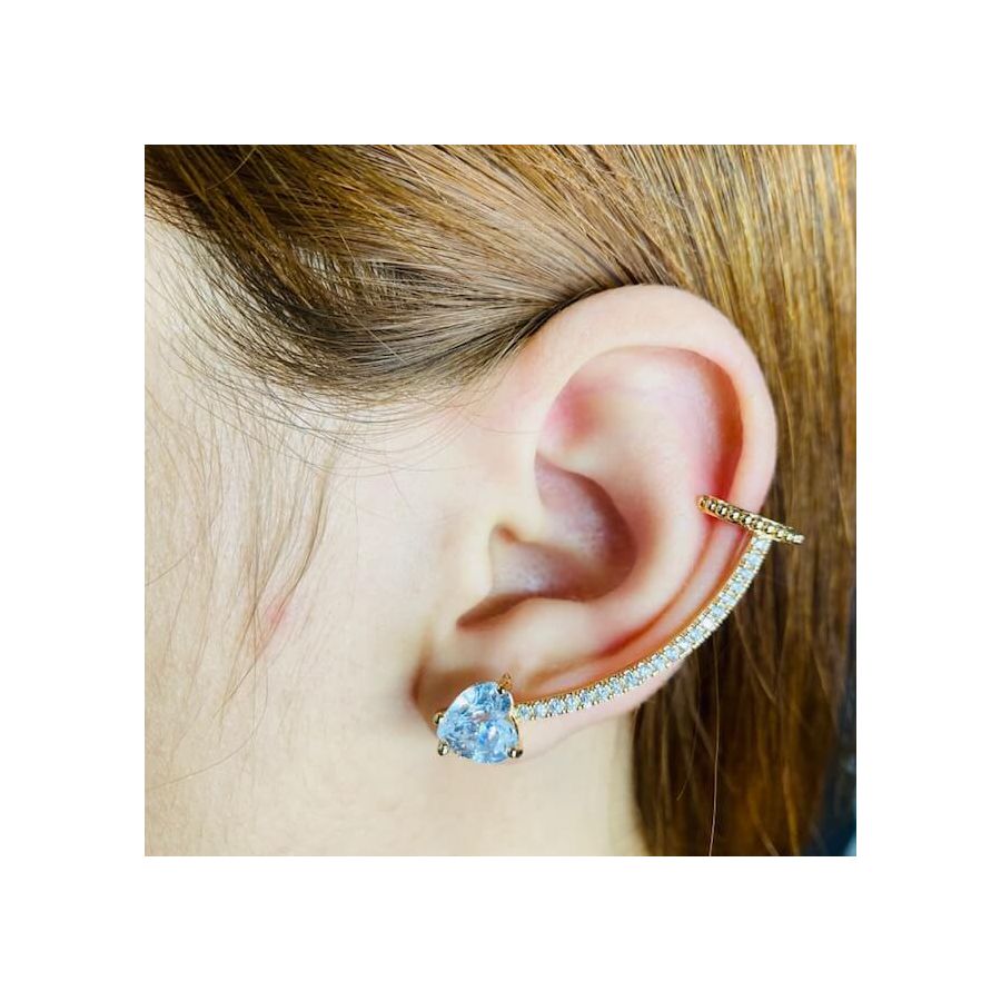 Brinco Ear Cuff Zircônia Coração Dourado Branco 