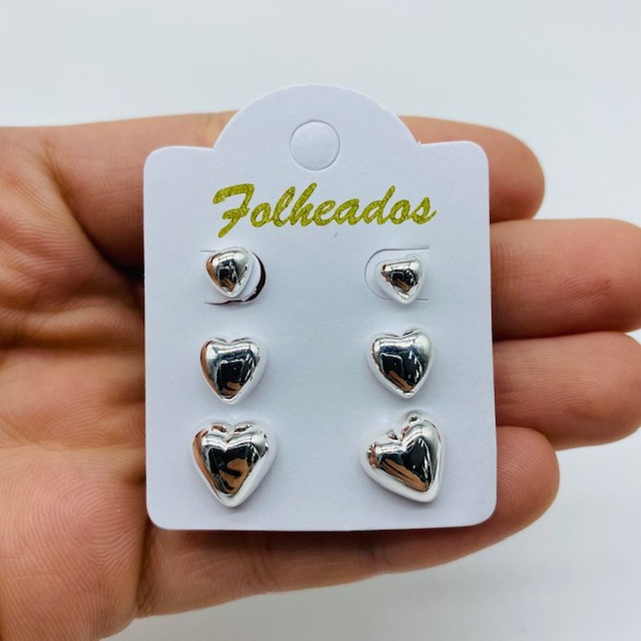 Kit De Brincos Folheados a Prata Coração 