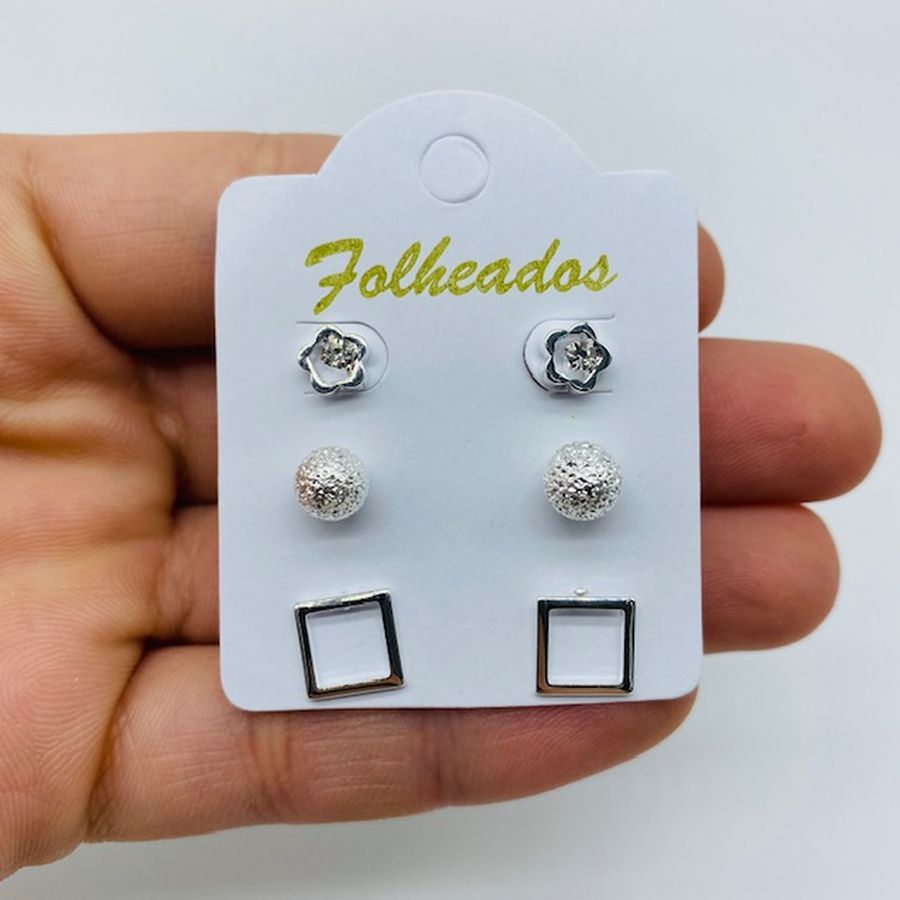 Kit De Brincos Folheados a Prata Quadrado 