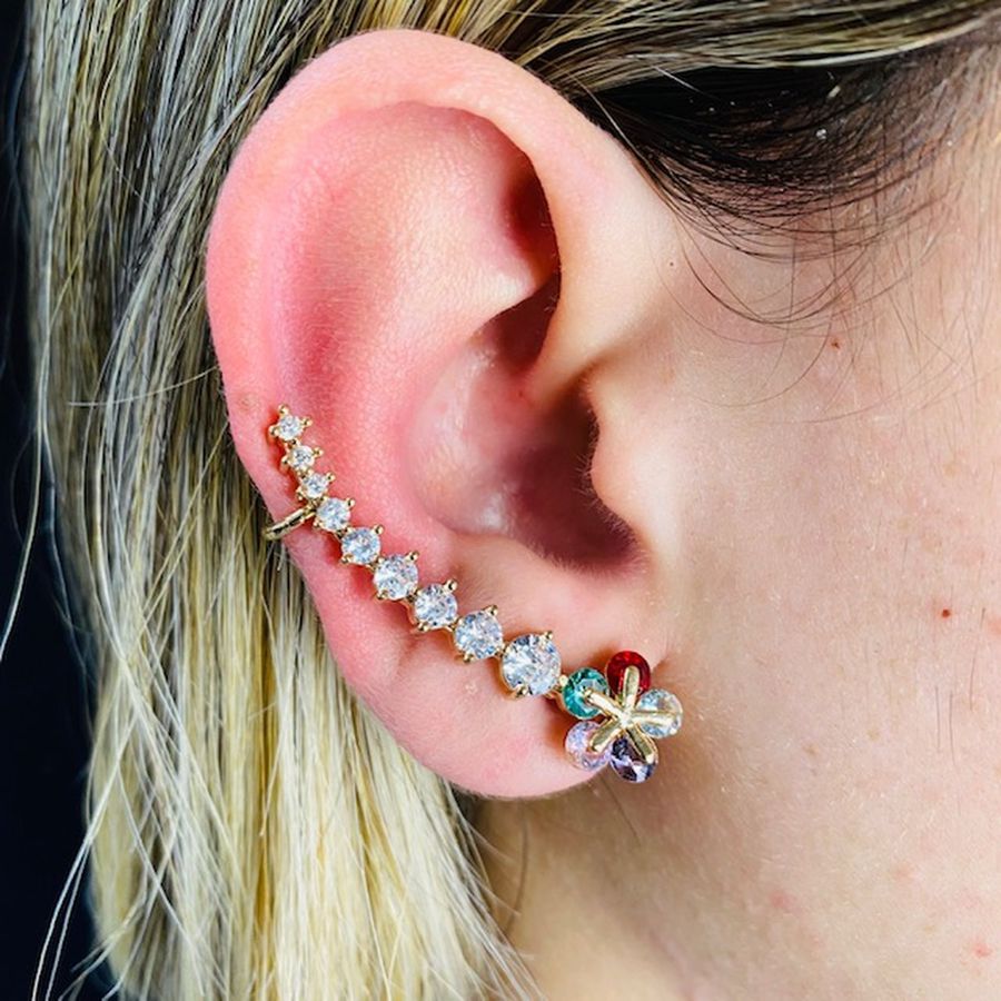 Brinco Ear Cuff Zircônia Flor Dourado Colorido 