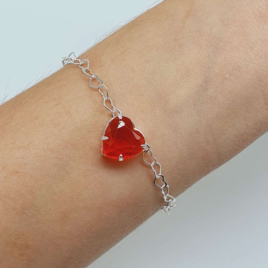 Pulseira Folheada a Prata 925 Coração Vermelho 