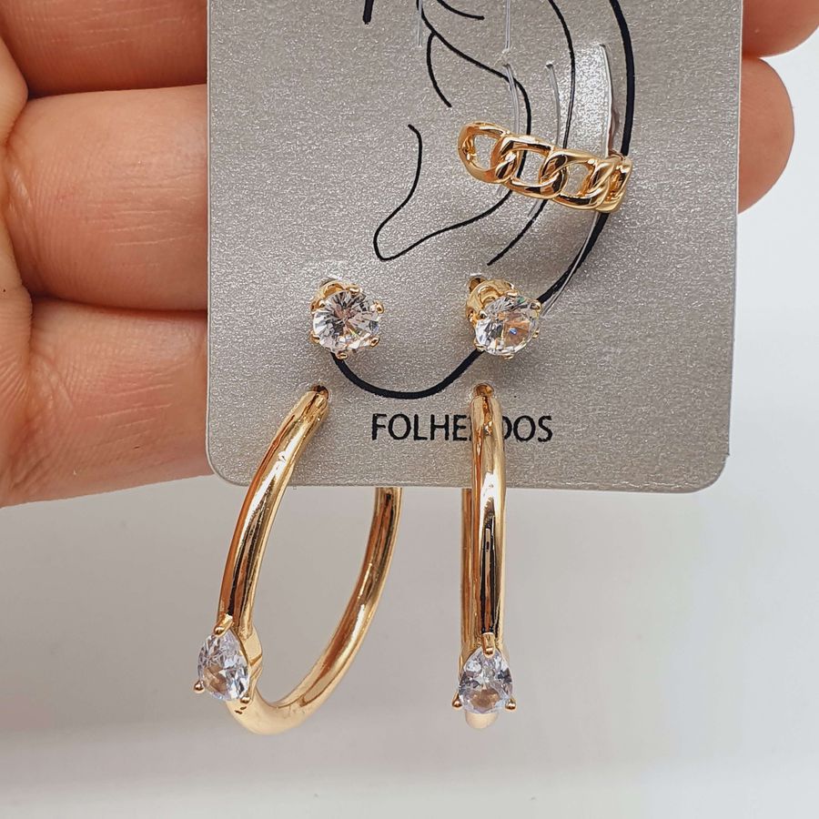 Kit De Brincos e Piercing Fake Dourado 