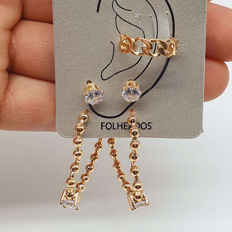 Kit De Brincos e Piercing Fake Dourado 