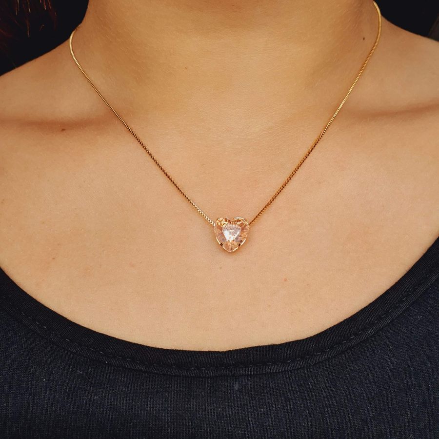 Colar Folheado a Ouro 18K Coração Rosa 