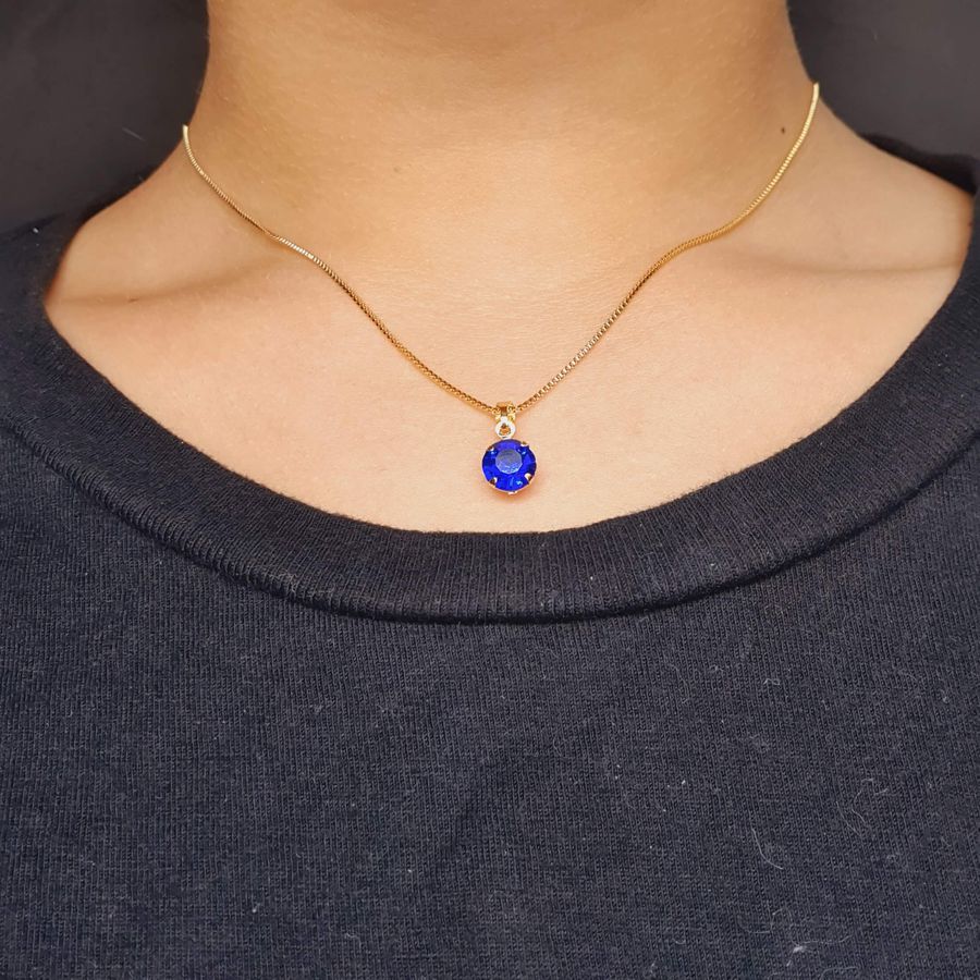 Conjunto Folheado a Ouro 18K Ponto De Luz Azul Escuro 