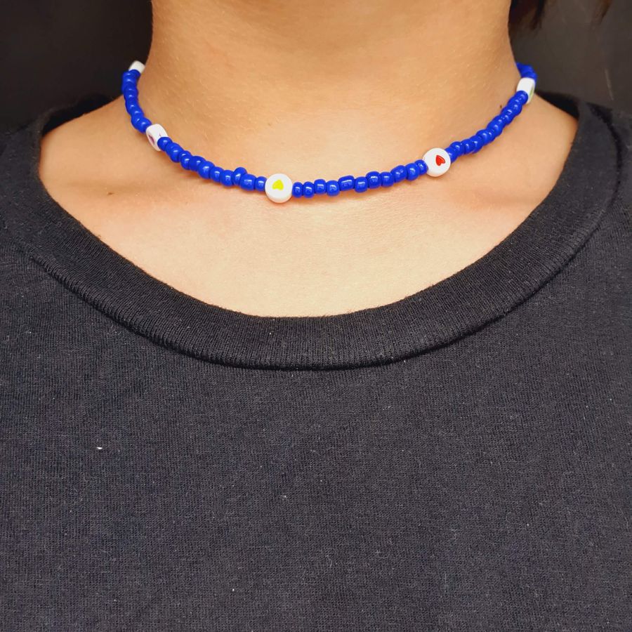 Colar Coração Miçangas Azul Escuro 