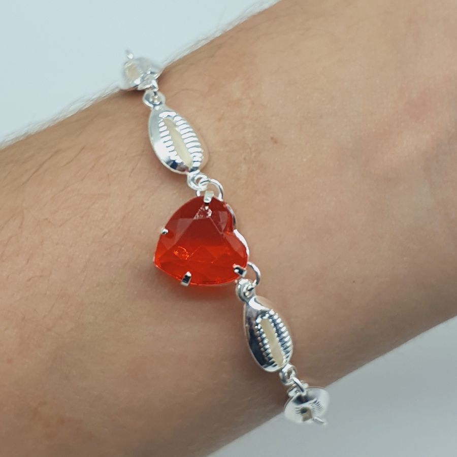 Pulseira Folheada A Prata 925 Búzios Coração Vermelho