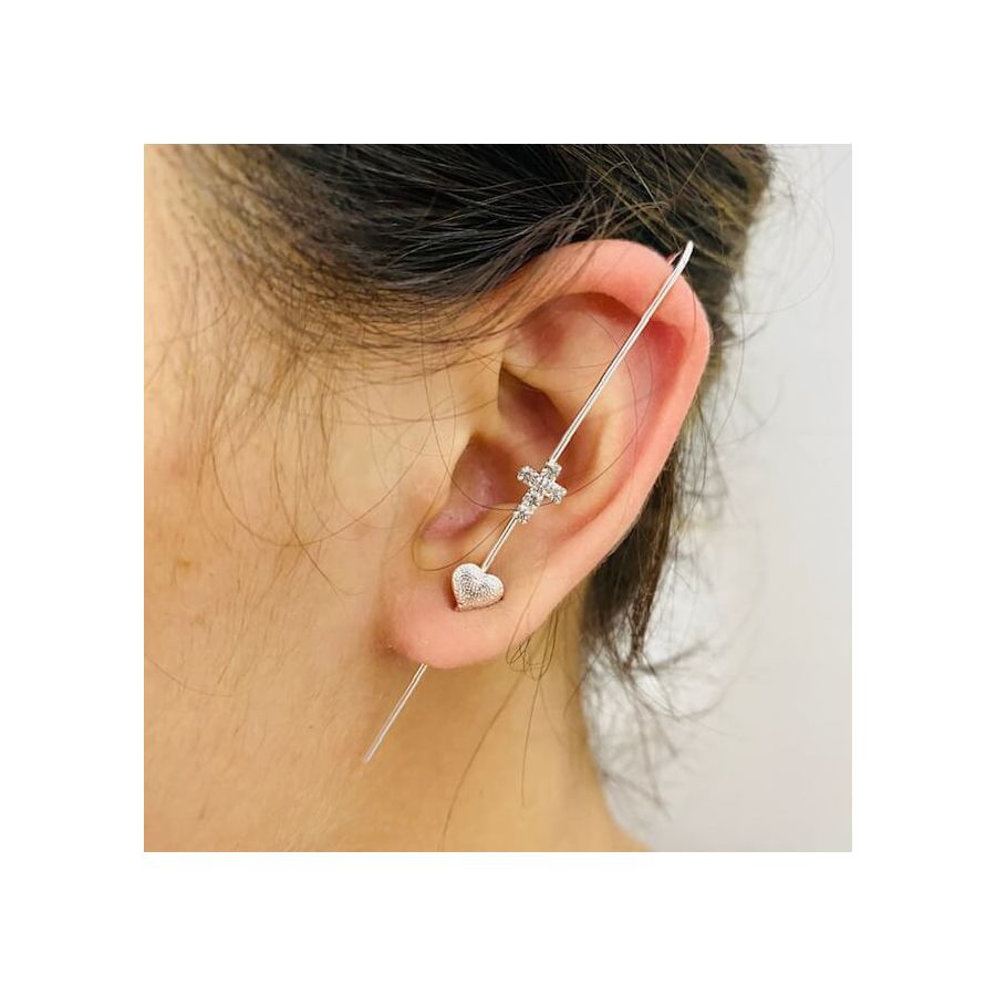 Piercing Fake Transversal Folheado A Prata 925 Cruz e Coração 