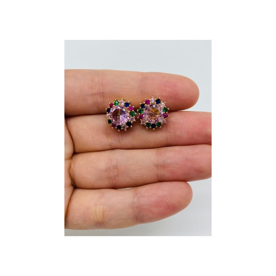 Brinco Com Zircônia Dourado Rosa Colorido 