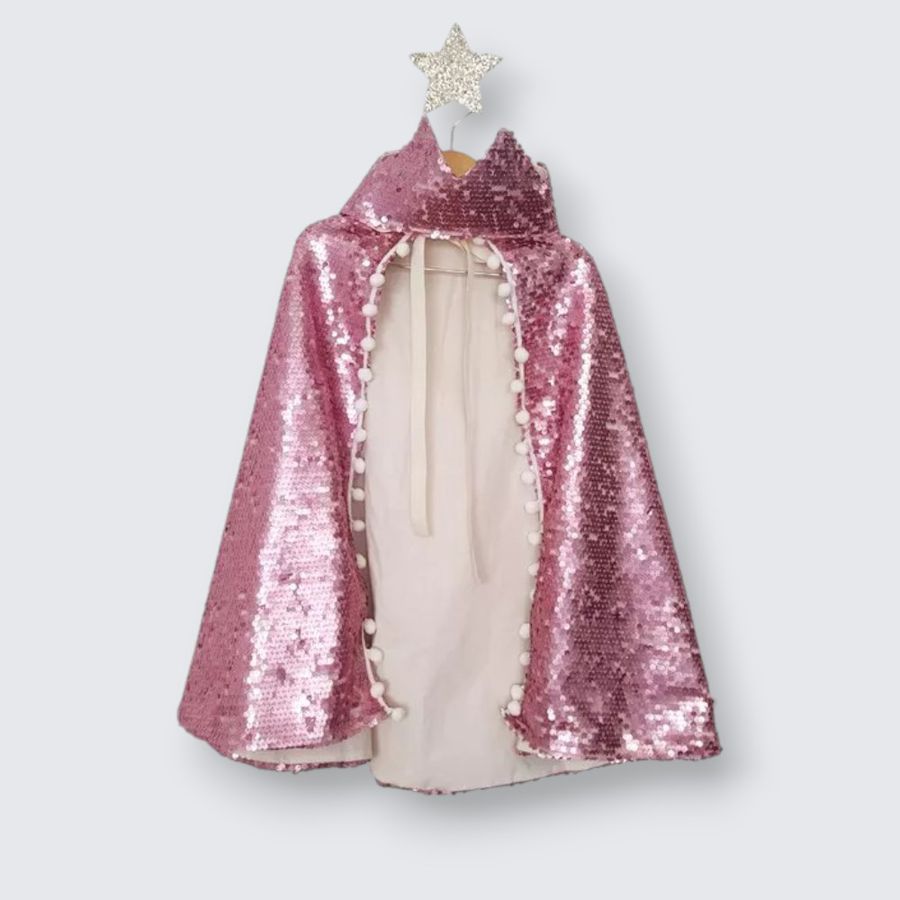 Capa Infantil Capa e Coroa Princesa Paetê Rosa Brilho