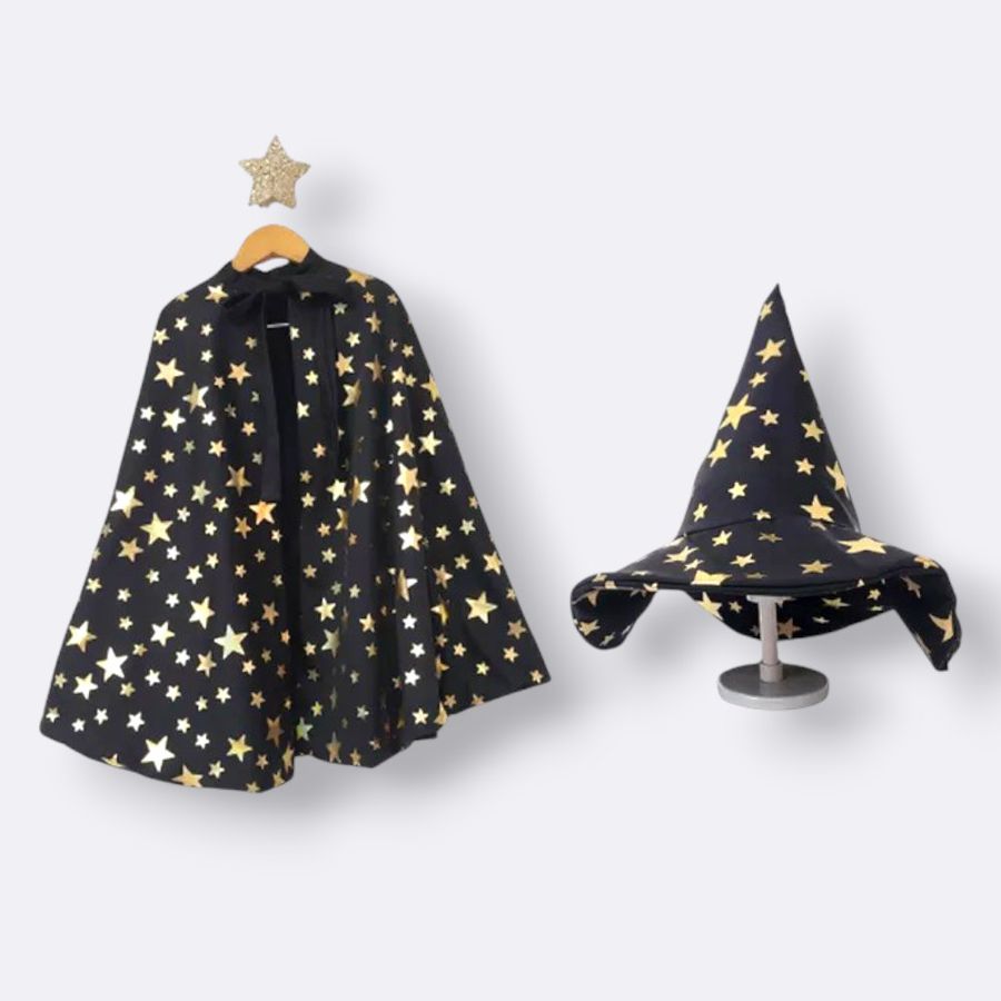 Kit Capa + Chapéu Mago Estrelado Preto - Minibossa
