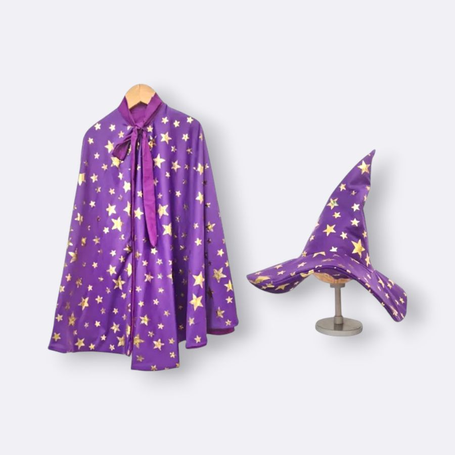 Kit Capa + Chapéu Mago Estrelado Roxo - Minibossa