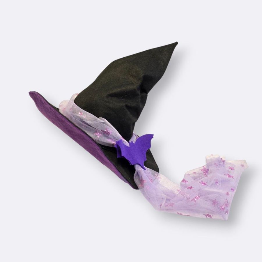 Chapéu Bruxa Tule Estrelado Preto e Roxo Halloween - Minibossa