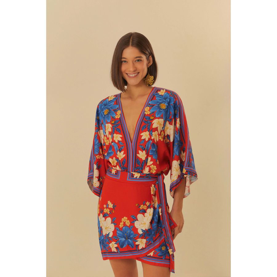 Saia Curta Pareo Lenço Ararajuba Farm Ouseup Moda Feminina Multimarcas