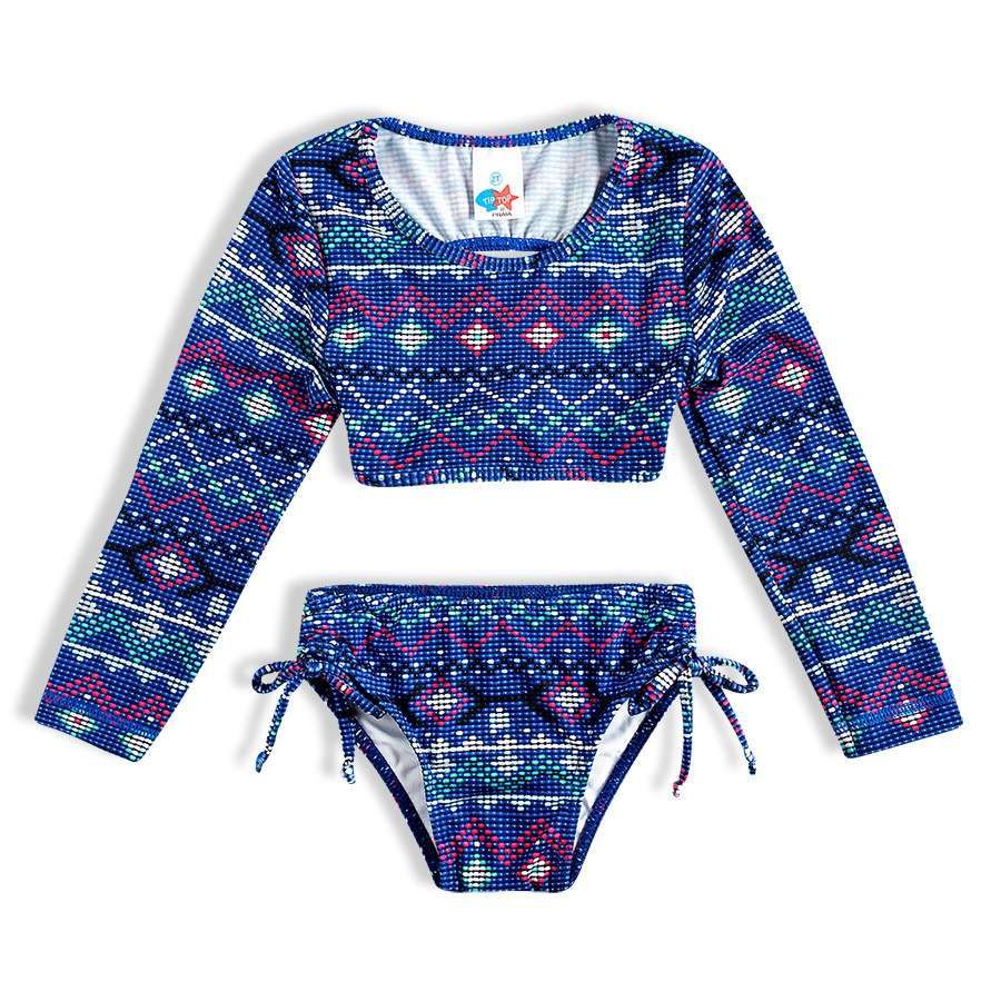 Top Manga Longa e Biquini Infantil Étnico Azul