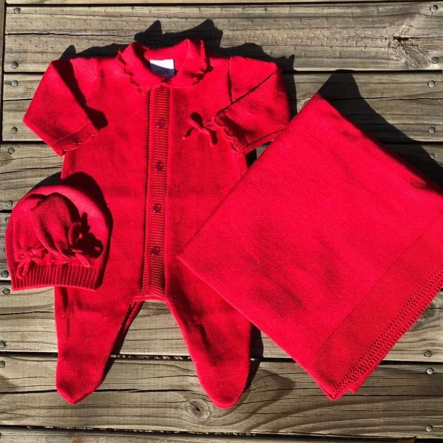 Saída Maternidade Tricot Laços - Vermelho - 04 Peç... - Petit Papillon Bebê & Criança