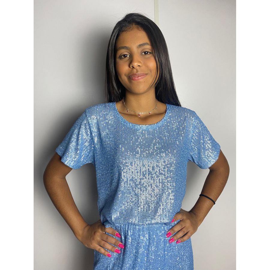 Cropped M/C em Paetê All Hunter Azul Claro