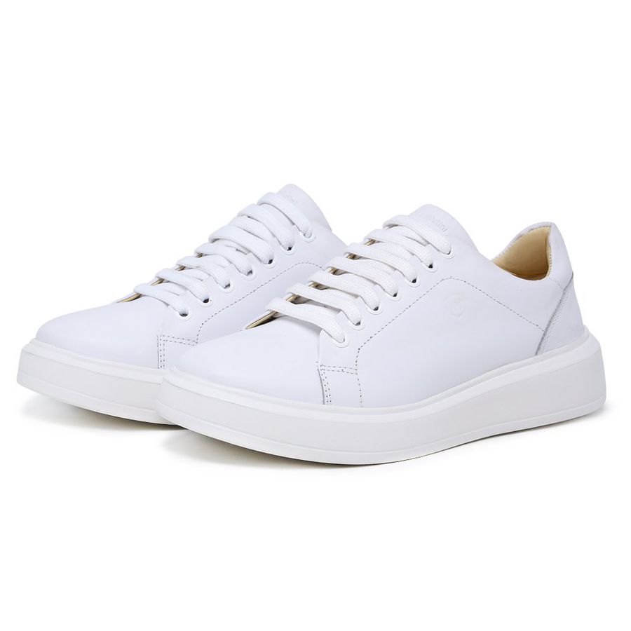 Tênis de Amarrar Couro Liso Branco Sola Alta Branca Clean