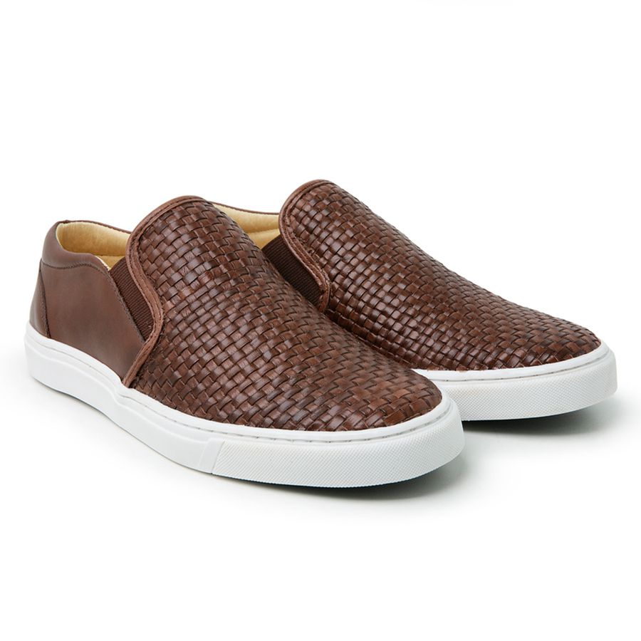 Sapatênis Slip On Tresse Couro Café Sola Branca Forro de Couro