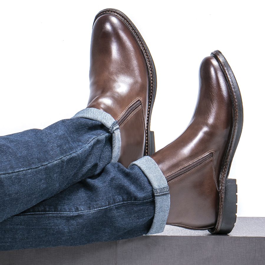 Bota Masculina de Couro Mestiço Conforto com Zíper Café