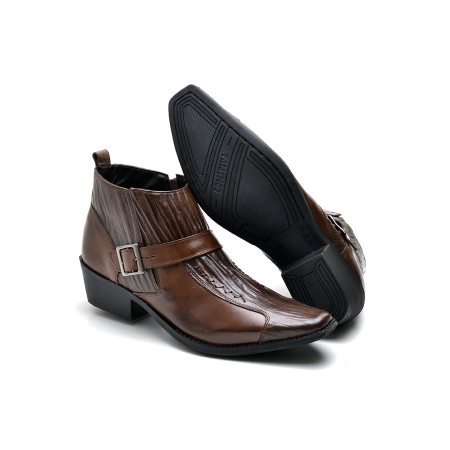 Bota Texana Masculino Couro Café Com Fivela Cano Baixo Bico Fino 
