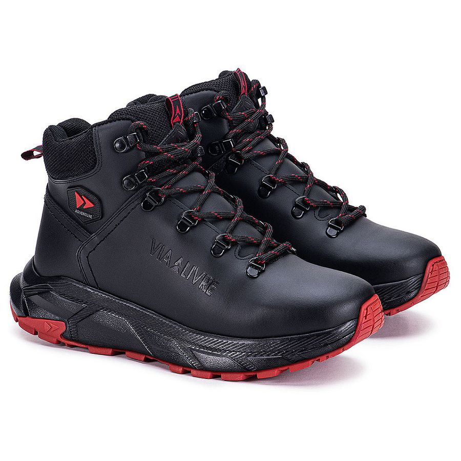 Bota Masculina Storm Coturno Couro Genuíno Solado EVA - Preto Vermelho - Extra Leve